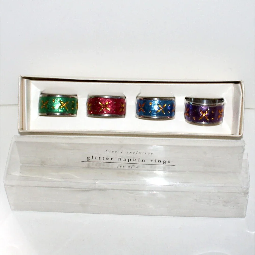 Pier 1 4 Napkin Ring Set glitter metal NEW table decor Boho star